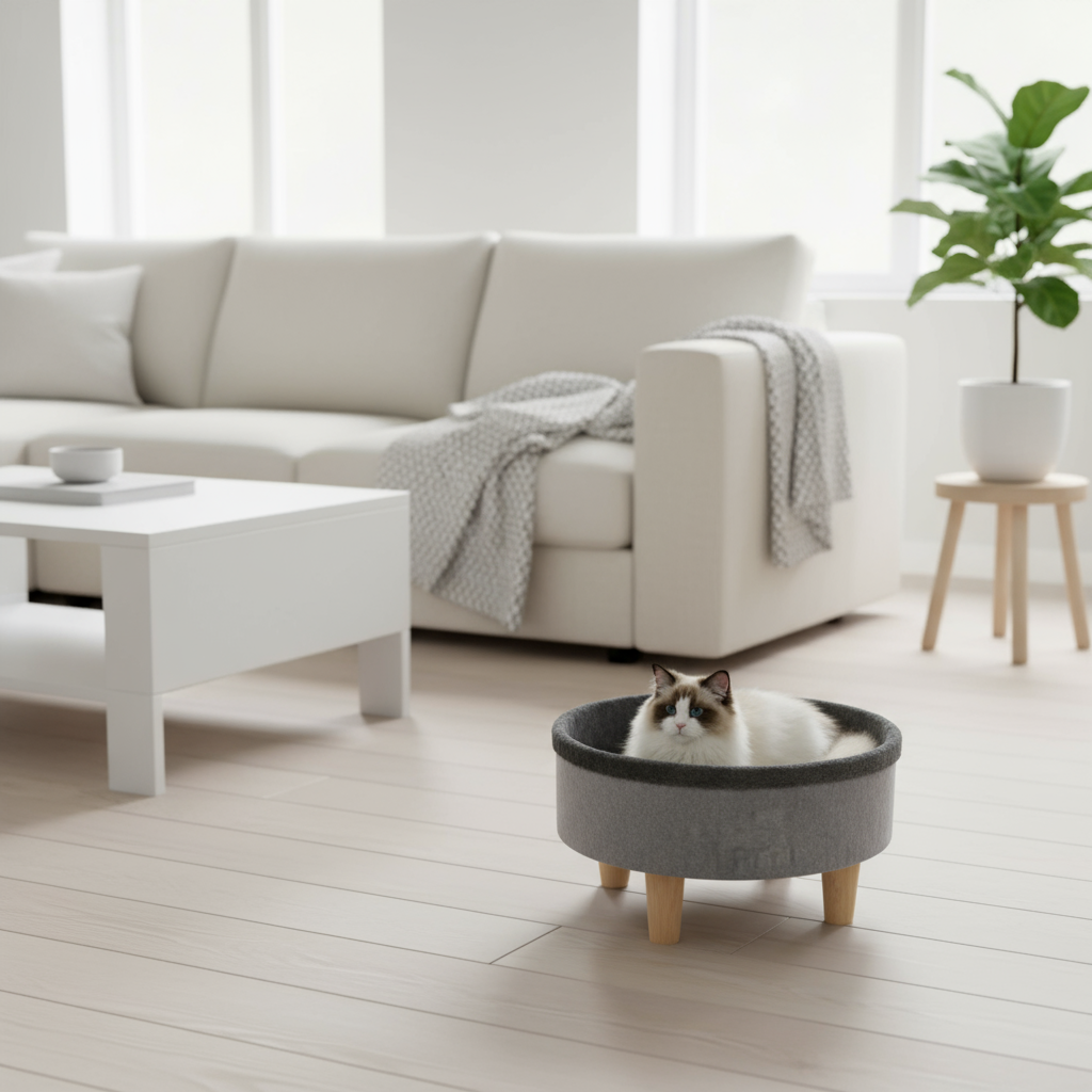 Katzenbett „ROUND“ von MPETS – Grau mit Holzbeinen, 47 x 47 x 26 cm