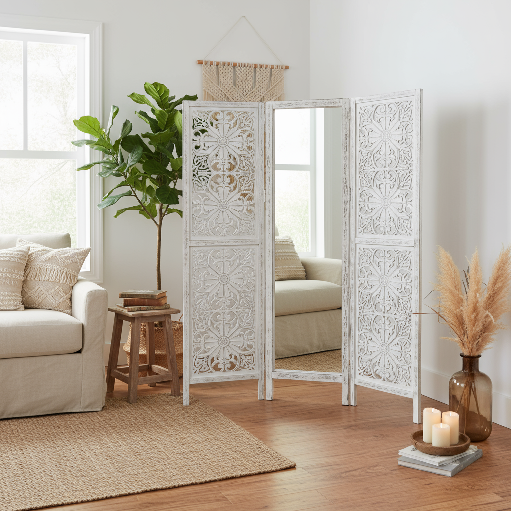 Dreiteiliger Paravent „Mirage“ von HOME ESPRIT – Mangoholz & Spiegel, 152 x 2 x 182 cm