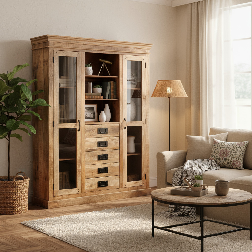 Vitrine „Mosaic“ von HOME ESPRIT – Mangoholz & Kristallglas, 165 x 45 x 210 cm