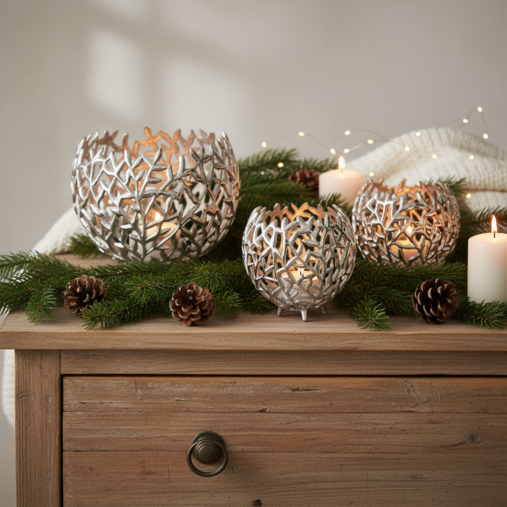 Kerzenschalen-Set „Cottage Glow“ von Home ESPRIT – Silber, 3-tlg.