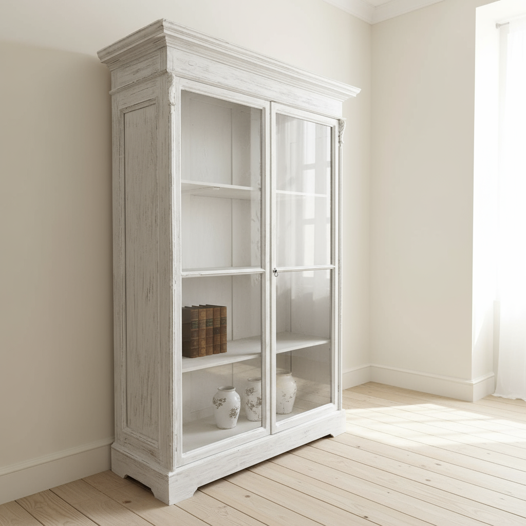 Vitrinenschrank „Vintage Charm“ von Home ESPRIT, weiße Decapé-Optik – 130 x 55 x 209 cm