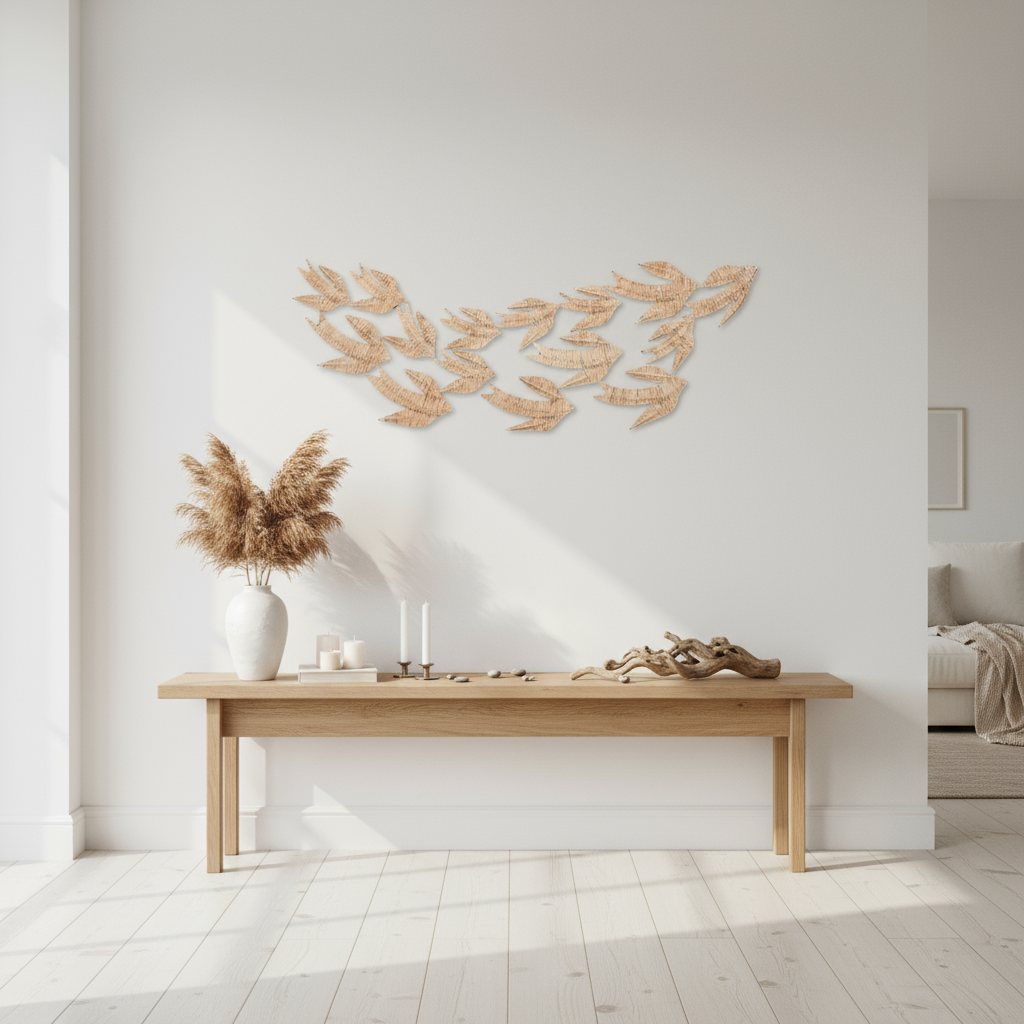 Wanddekoration „Vogelflug“ in Naturfaser – 126 x 5 x 40 cm